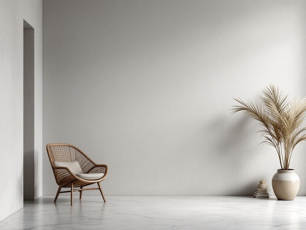A minimalist room with a neutral wall, a wooden chair, and a plant in a pot.