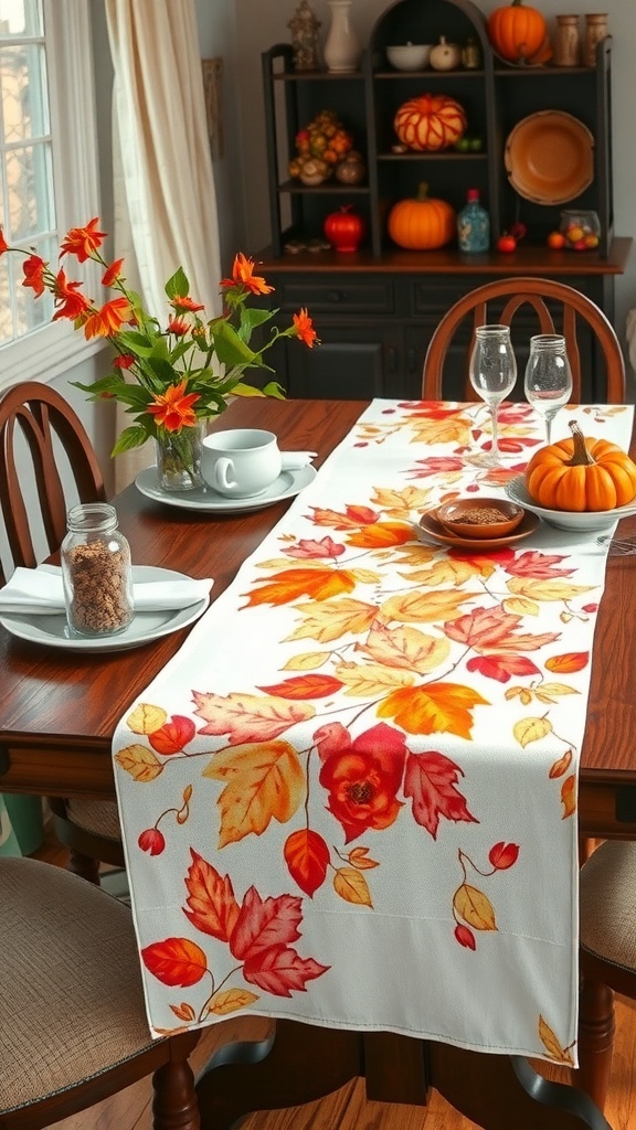 A fall-themed table runner featuring watercolor designs of leaves and flowers, set on a wooden dining table with pumpkins and flowers.