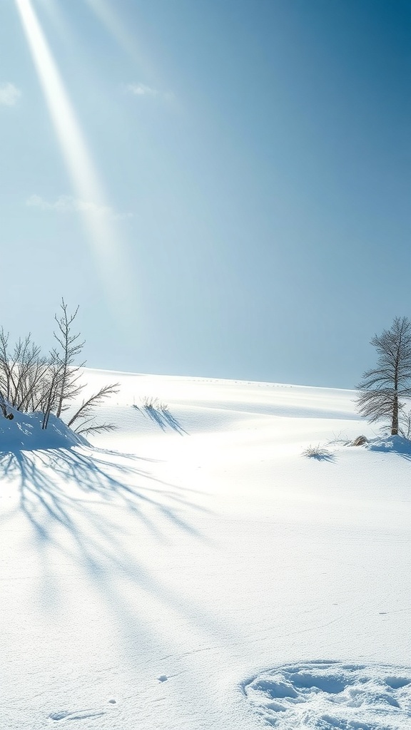 A serene winter landscape with bright white snow and a clear blue sky.