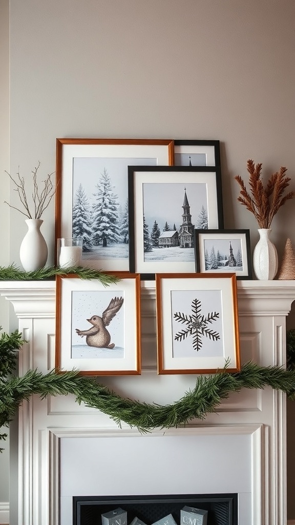 A collection of winter-themed prints displayed on a mantle with greenery.
