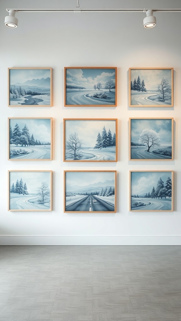 A collection of winter-themed wall art featuring snowy landscapes in soft blue tones.