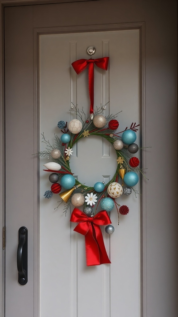 A colorful Christmas wreath with ornaments and a red bow on a door.