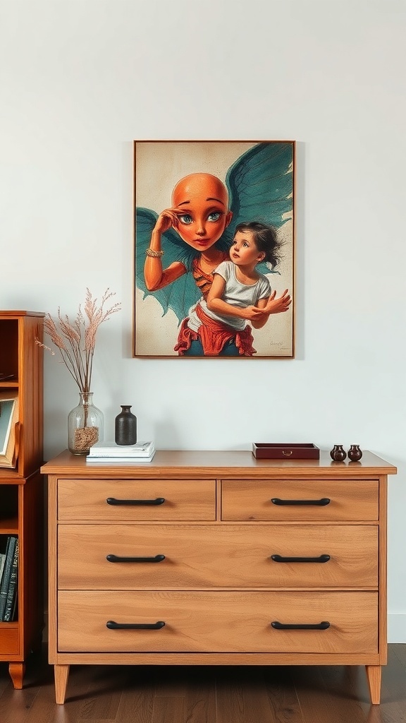 A stylish bedroom dresser with a colorful artwork piece above it, featuring a unique design.