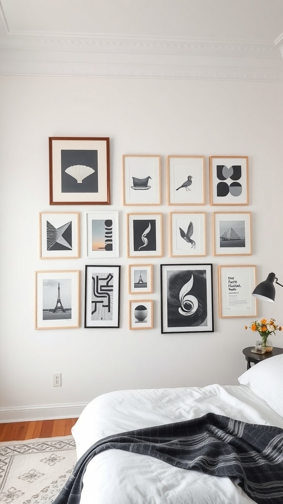 Gallery wall with black and cream artwork in a bedroom setting.