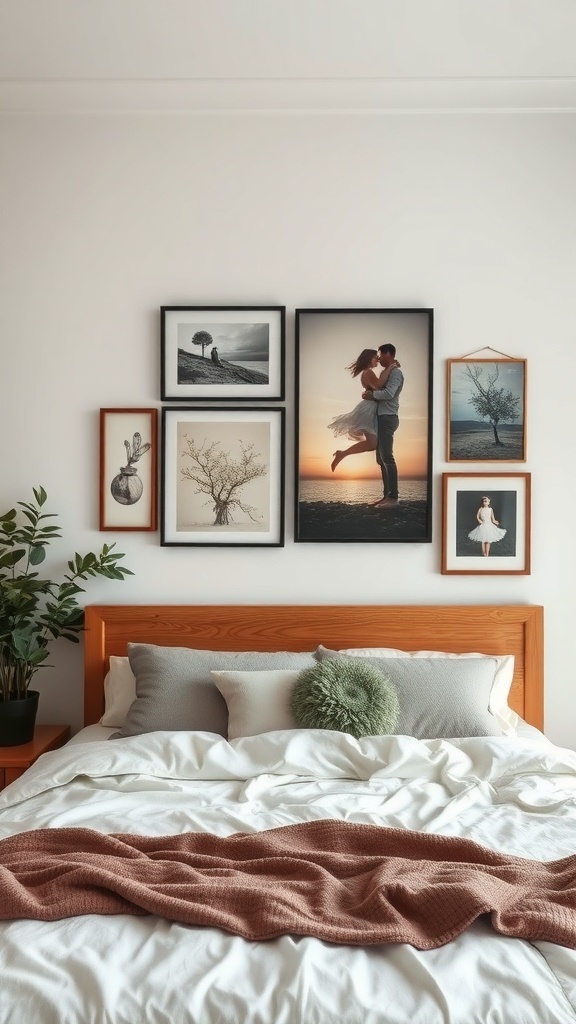 A cozy bedroom featuring framed artwork on the wall, a wooden bed with soft bedding, and a decorative throw blanket.