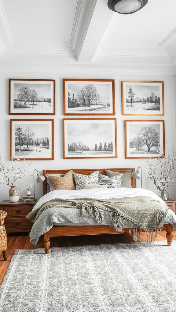 A cozy winter-themed bedroom featuring framed artwork of snowy landscapes.
