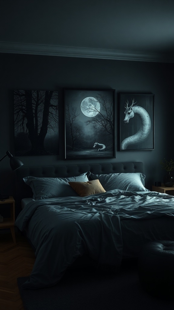 A cozy dark bedroom featuring dark-themed artwork on the walls.
