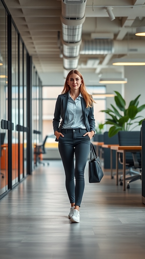 A woman in a business casual outfit featuring a blazer, tailored pants, and sneakers, walking confidently in an office setting.