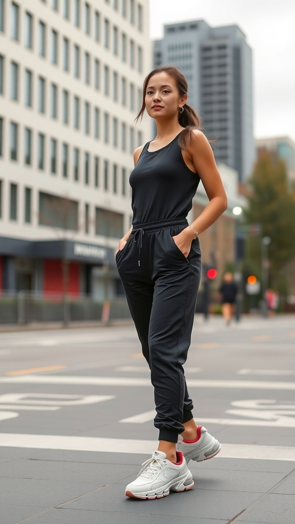 A woman wearing a black athleisure jumpsuit and chunky sneakers, standing on a city street.