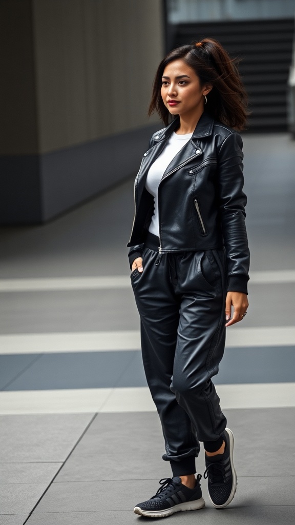 A woman in a leather jacket and joggers, blending athleisure with rock chic style.