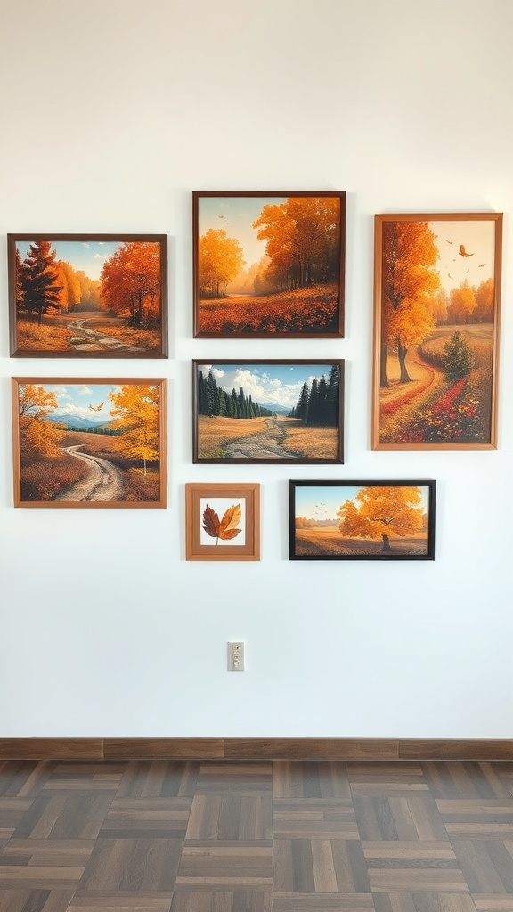 A collection of autumn-themed paintings featuring warm colors and serene landscapes.