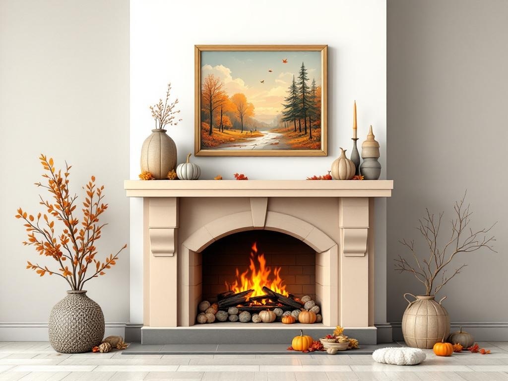 A cozy mantel decorated for Thanksgiving with autumn-inspired artwork, pumpkins, and branches.