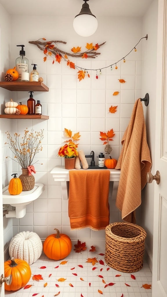 A cozy autumn-themed bathroom with pumpkins, orange towels, and fall leaves.