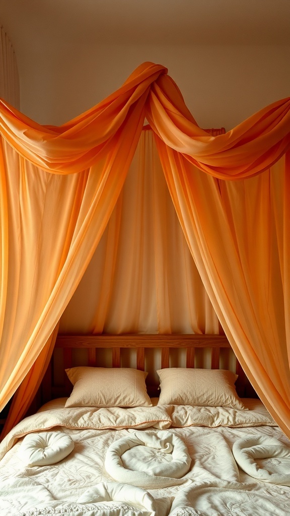 A cozy bed with an orange canopy draped above, creating a warm autumn-inspired atmosphere.