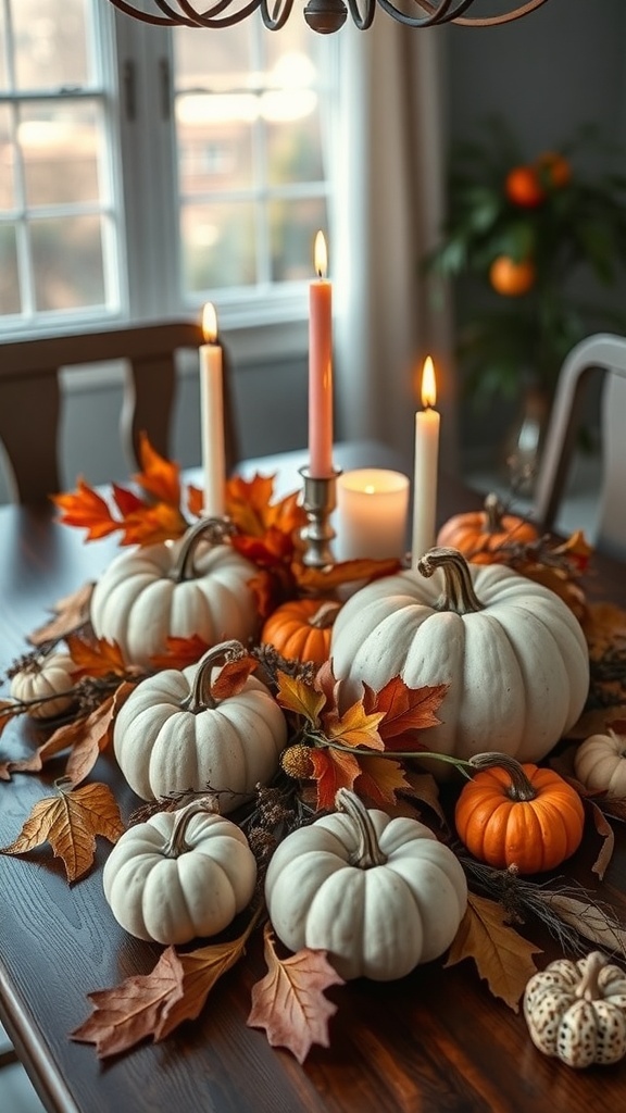 A fall centerpiece featuring white and orange pumpkins, autumn leaves, and candles on a wooden table.