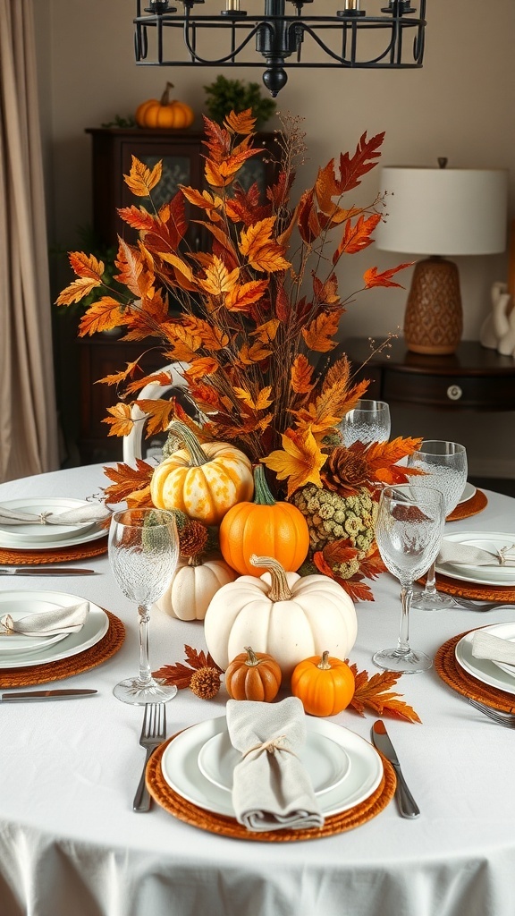 A Thanksgiving table setting with an autumn-inspired centerpiece featuring colorful leaves and pumpkins.