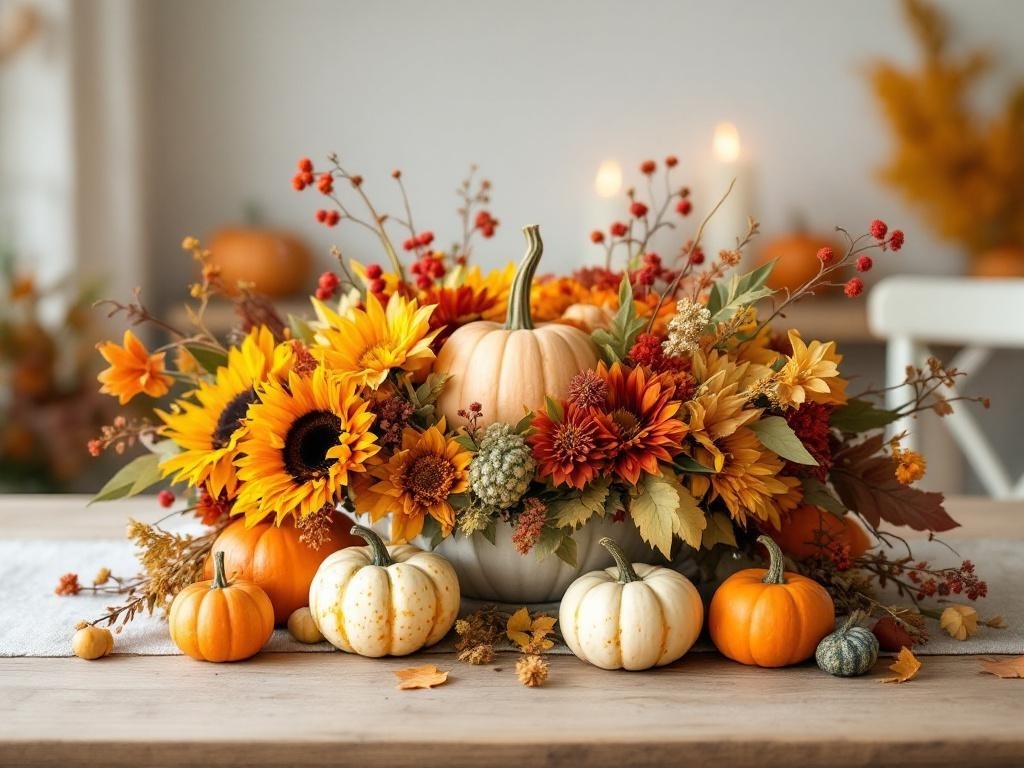 A vibrant autumn-inspired centerpiece featuring sunflowers, pumpkins, and colorful foliage.