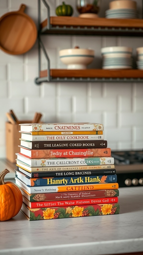 A stack of autumn-themed cookbooks on a kitchen counter with a small pumpkin.