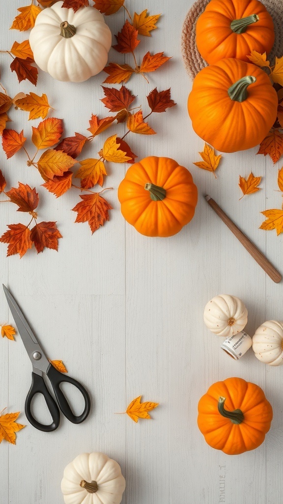An arrangement of orange and white pumpkins surrounded by autumn leaves and crafting scissors on a light wooden surface.