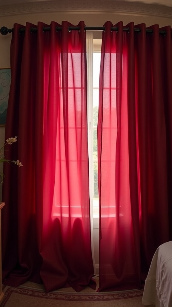 Deep red curtains hanging in a bedroom window, allowing soft light to filter through.