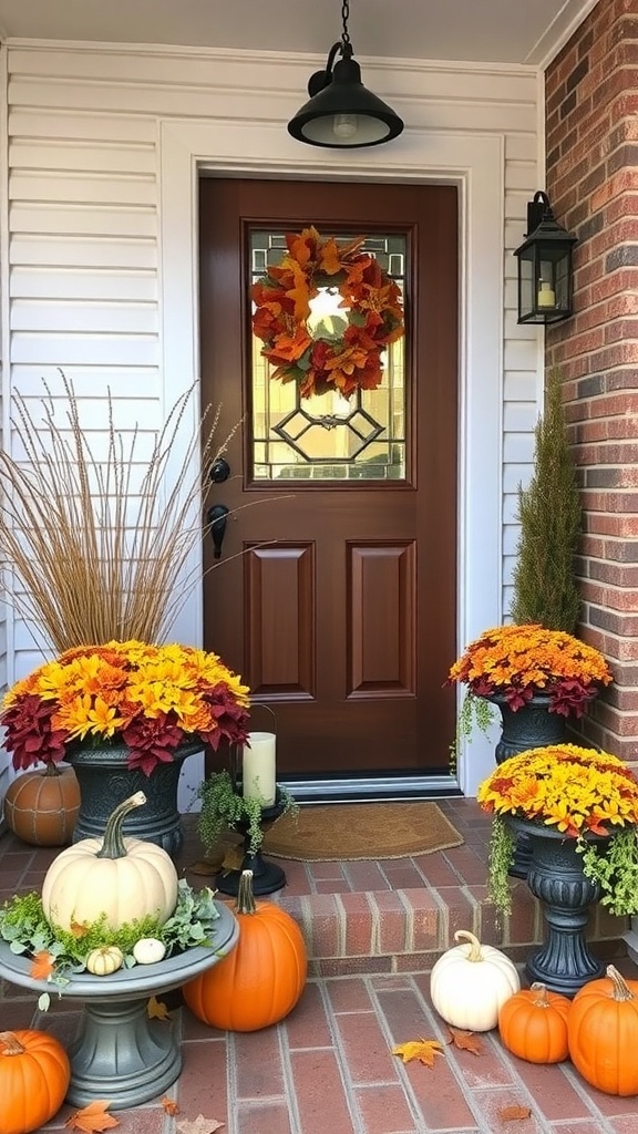 A beautifully decorated autumn entryway featuring a wreath, pumpkins, and colorful flowers.