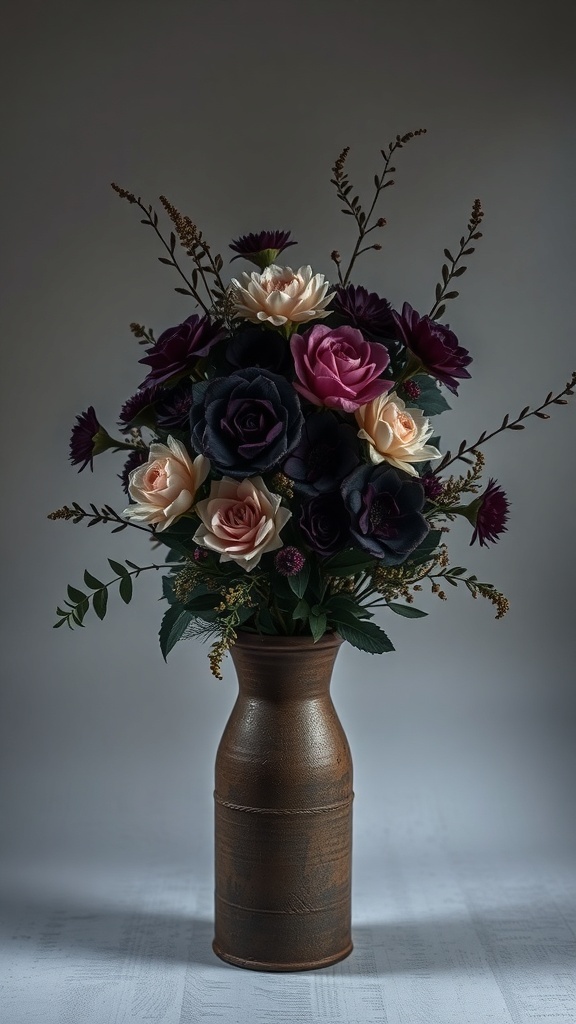 A beautiful autumn-inspired floral arrangement featuring dark purple and peach roses in a rustic vase.