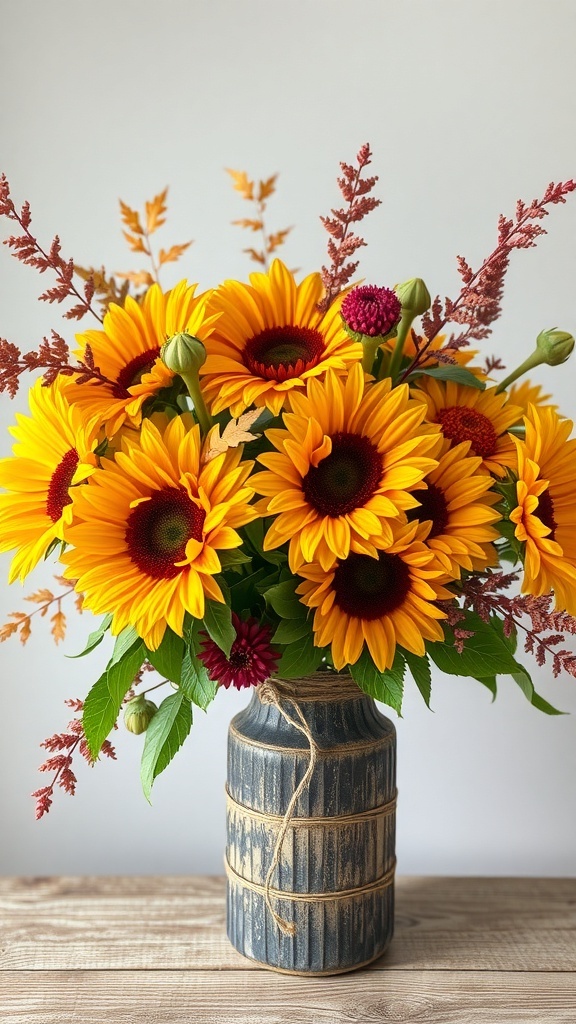 A vibrant autumn floral arrangement featuring sunflowers, red blooms, and autumn leaves in a rustic vase.