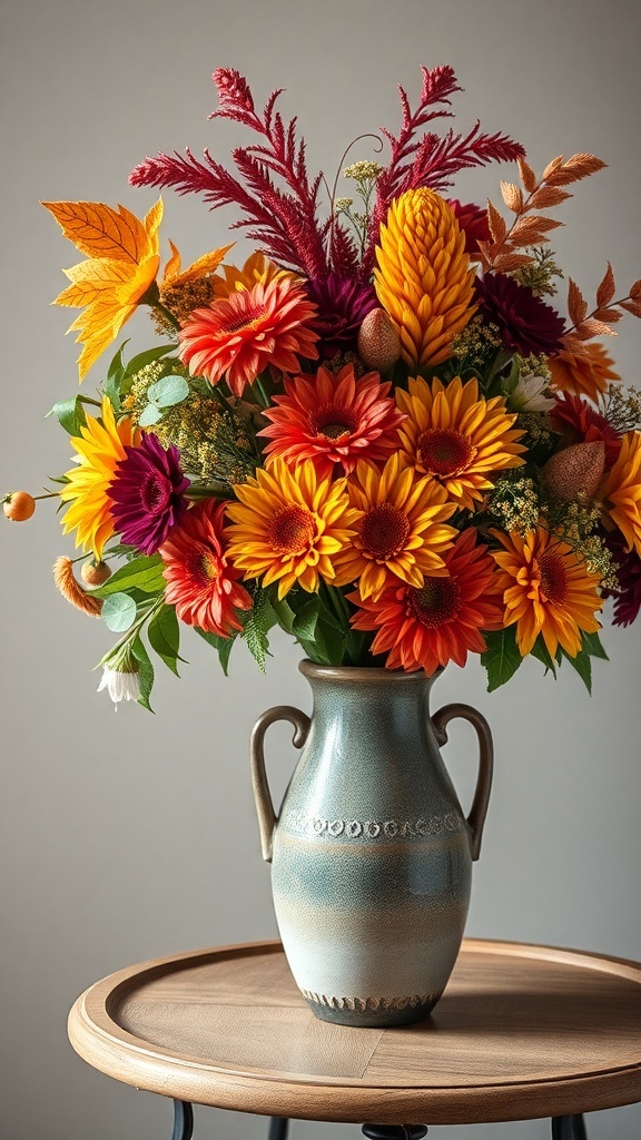A vibrant autumn floral arrangement in a decorative vase.