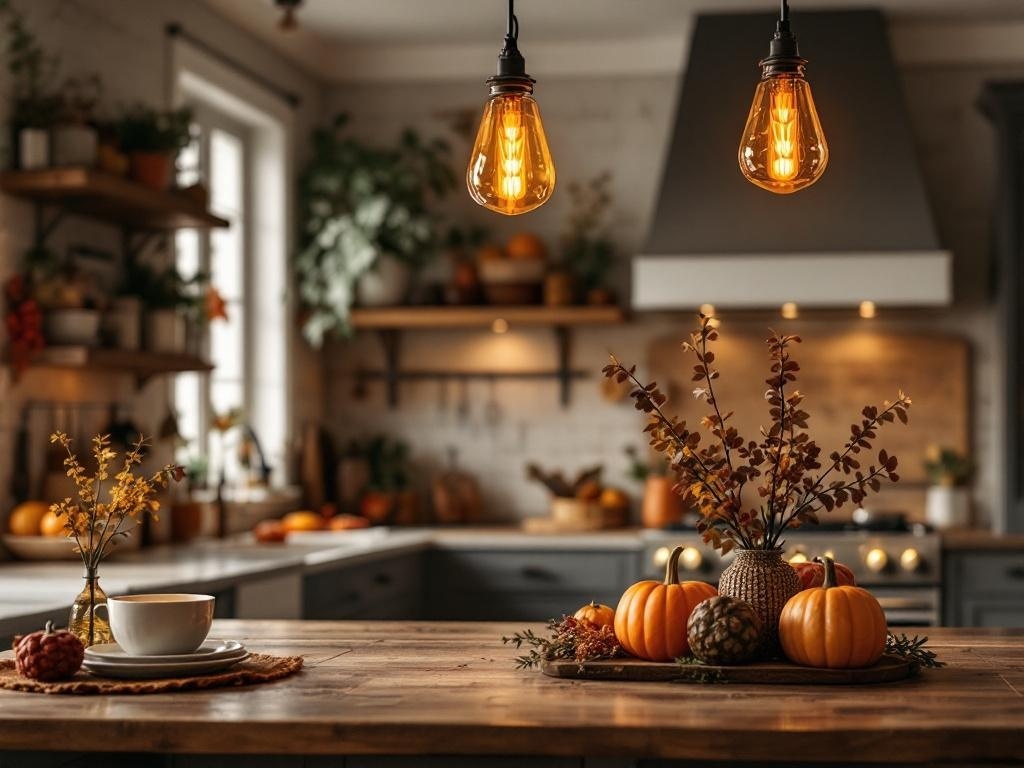 A cozy kitchen with warm pendant lights, pumpkins, and autumn decor.