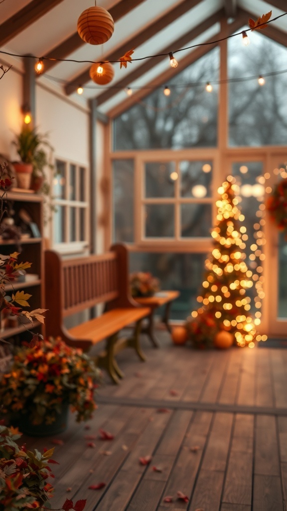 A cozy room decorated with string lights, plants, and autumn leaves.