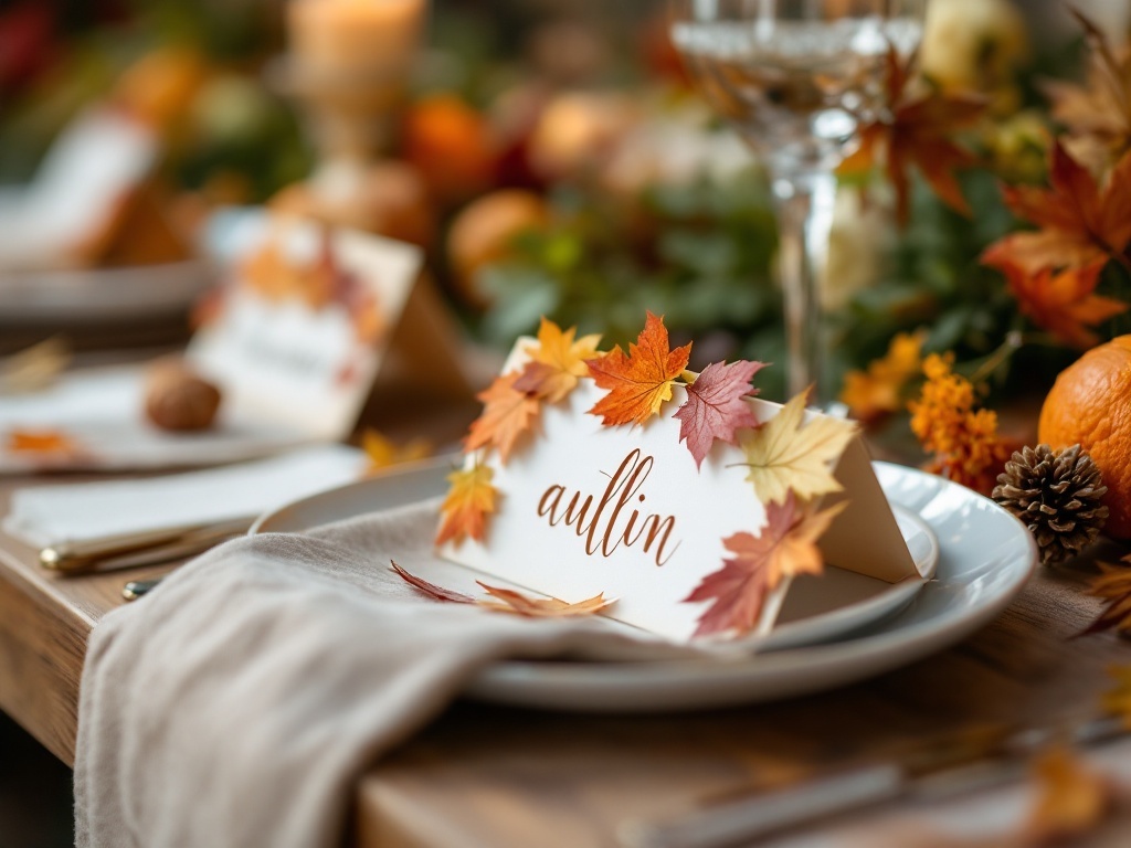 Autumn-inspired place cards with colorful leaves on a Thanksgiving table