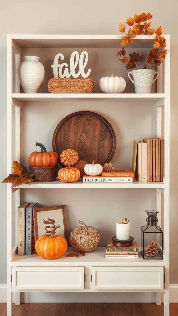 Cozy fall shelf decor with pumpkins, books, and autumn leaves