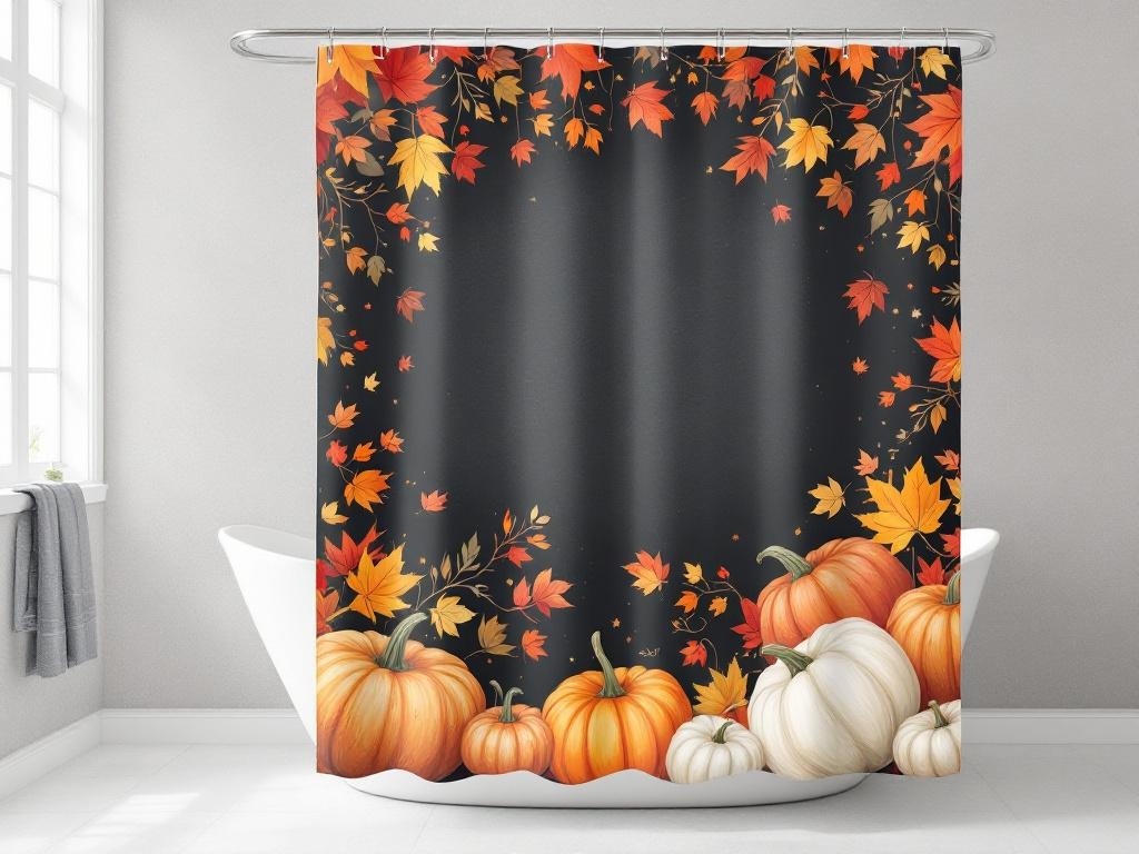 Autumn-inspired shower curtain featuring colorful leaves and pumpkins