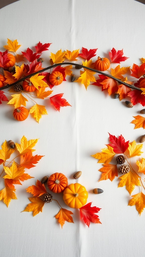 A Thanksgiving dinner table setting with autumn-inspired decor featuring colorful leaves, small pumpkins, and acorns.
