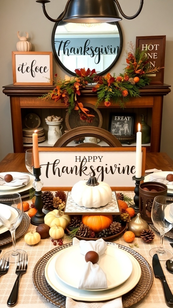 A beautifully set Thanksgiving table featuring autumn-inspired quotes, pumpkins, and colorful leaves.