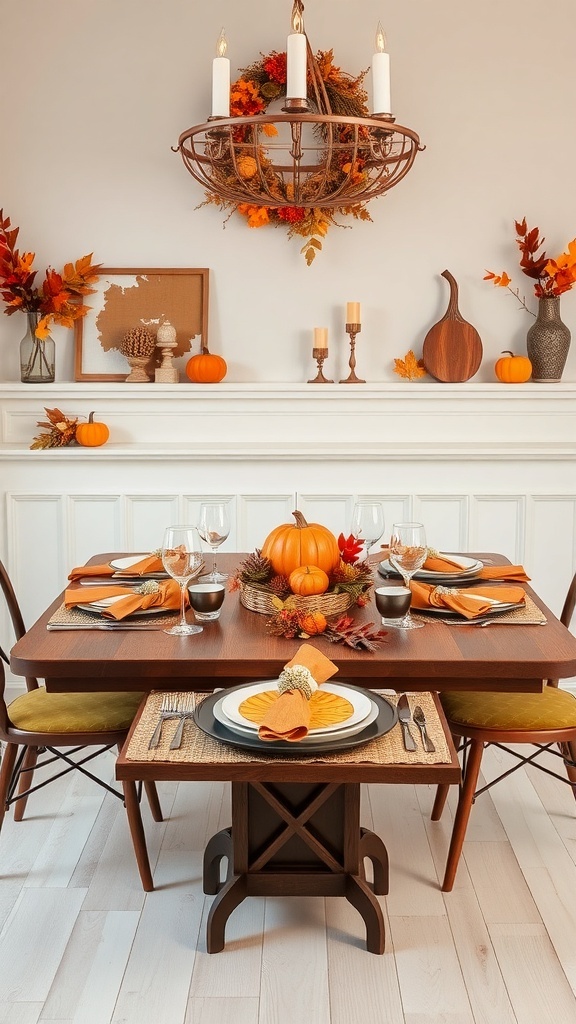 A beautifully set autumn table with pumpkins, leaves, and warm colors.
