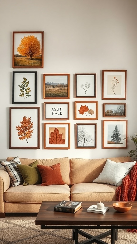 A cozy living room with autumn-inspired wall art featuring framed prints of trees and leaves in warm colors.
