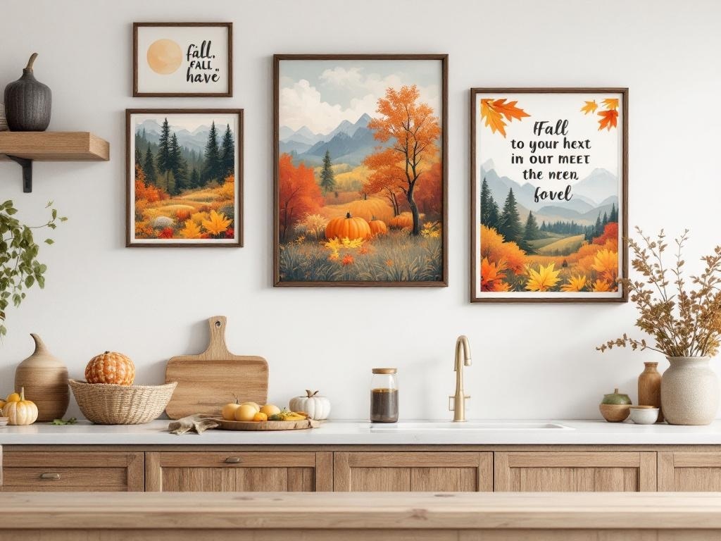 A cozy kitchen with autumn-themed wall art featuring pumpkins and colorful leaves.