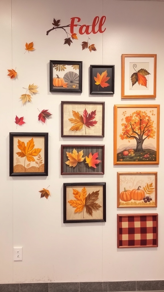 A wall decorated with autumn-themed framed art, featuring leaves, pumpkins, and the word 'Fall'.