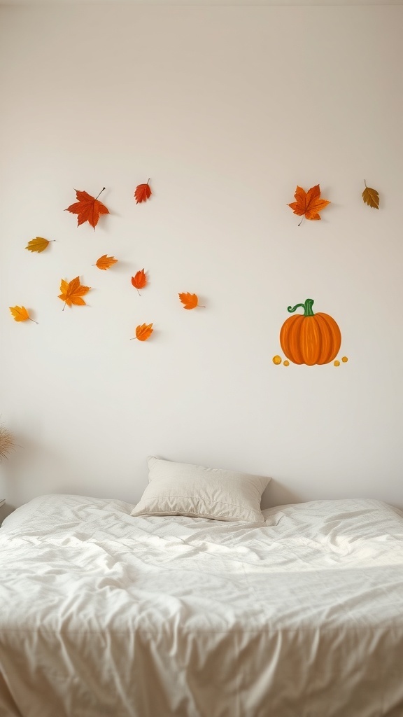 A cozy bedroom with autumn-inspired wall art featuring colorful leaves and a pumpkin illustration.