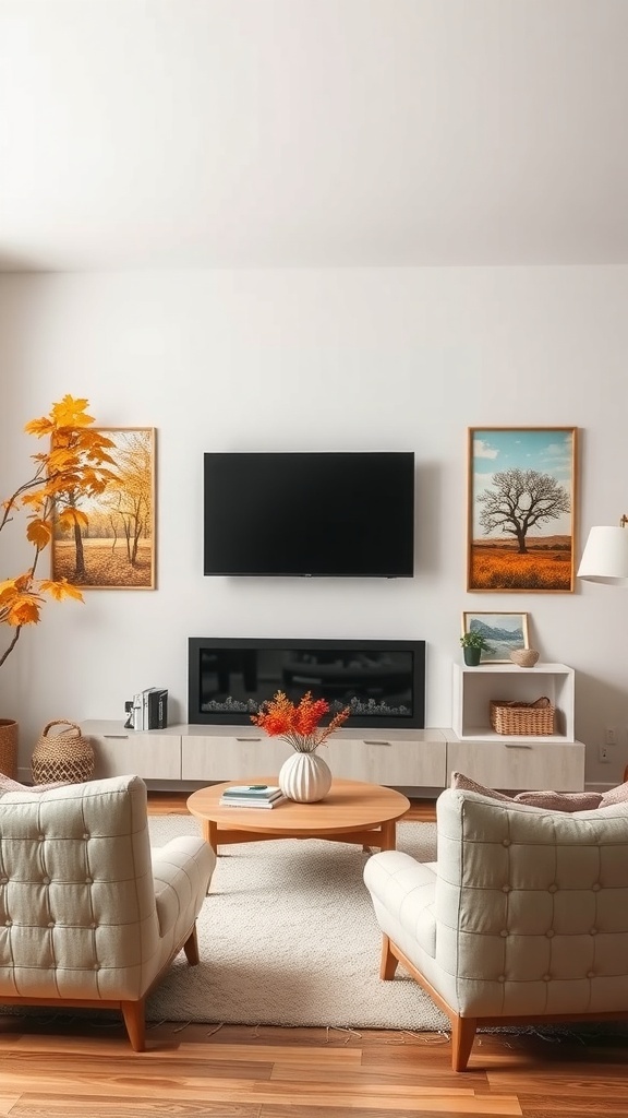 Cozy living room with autumn-inspired wall art, featuring warm colors and a seasonal theme.