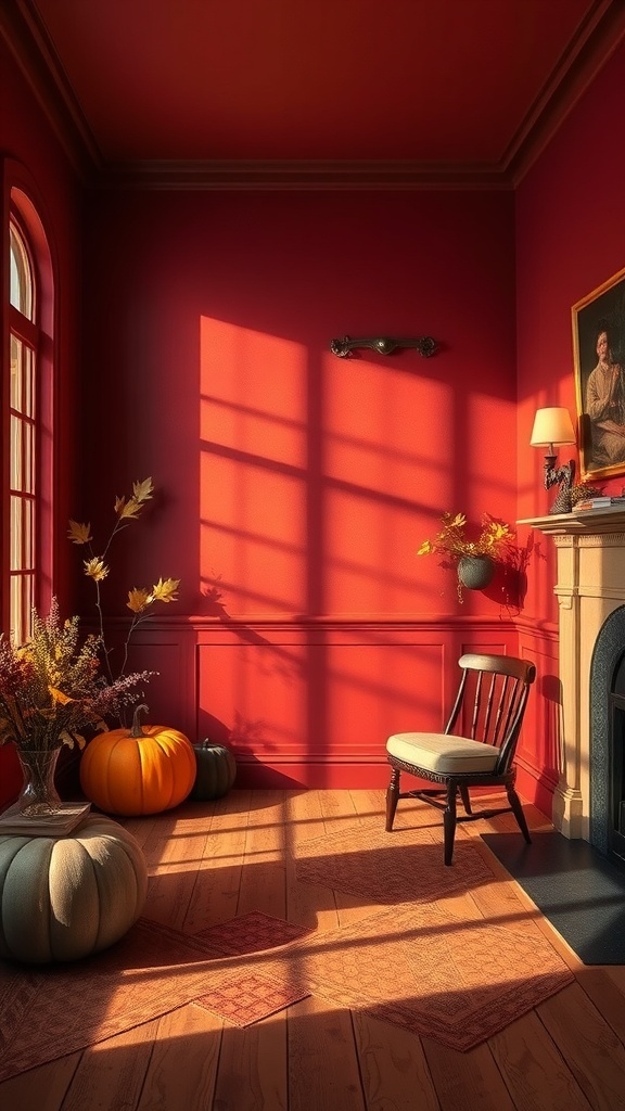 A cozy room with red walls, pumpkins, and a chair, showcasing an autumn-inspired aesthetic.