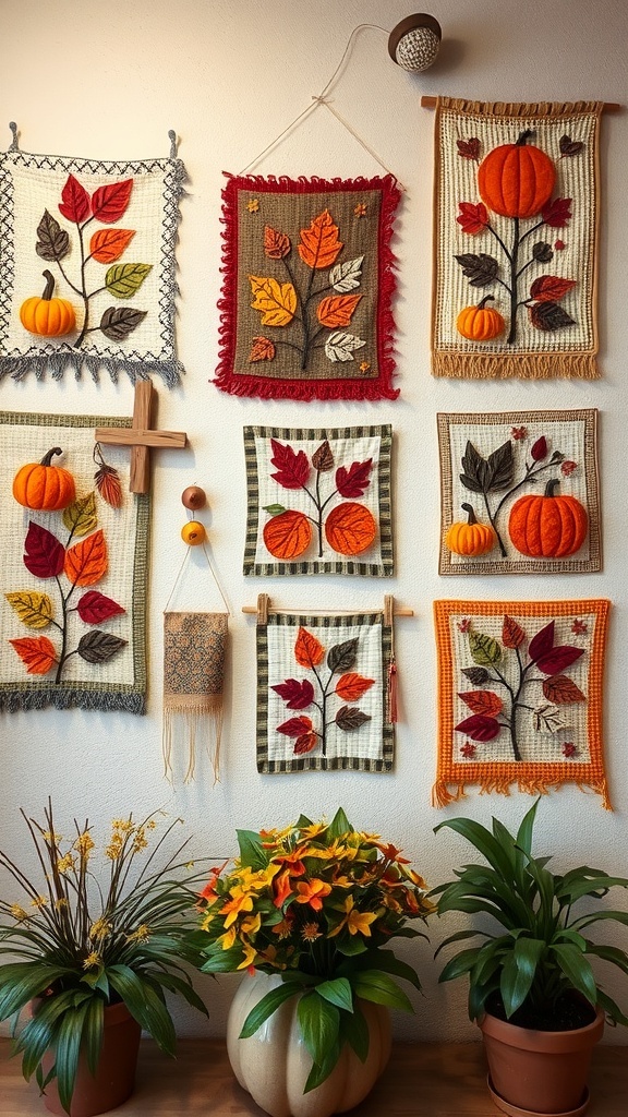 A collection of autumn-inspired wall hangings featuring leaves and pumpkins, with potted plants below.