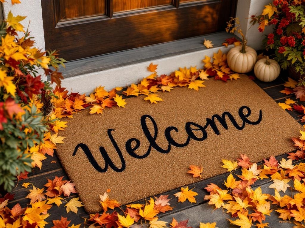 Autumn-themed welcome mat surrounded by colorful fall leaves and small pumpkins