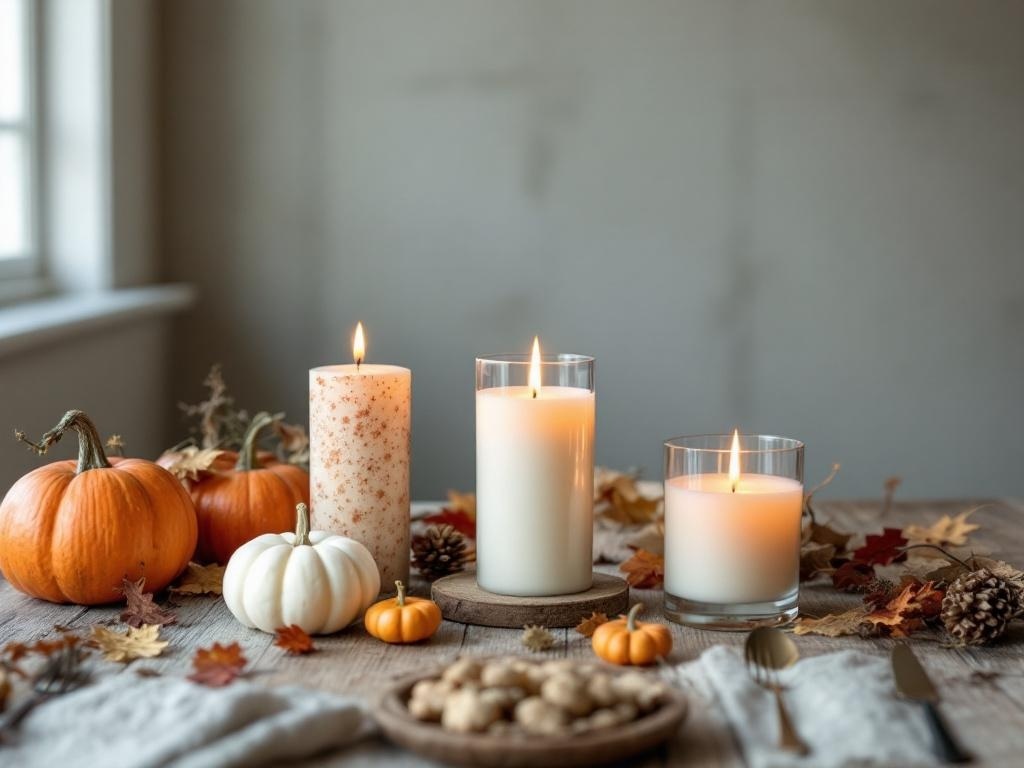 Autumn-themed candle arrangement with pumpkins and leaves