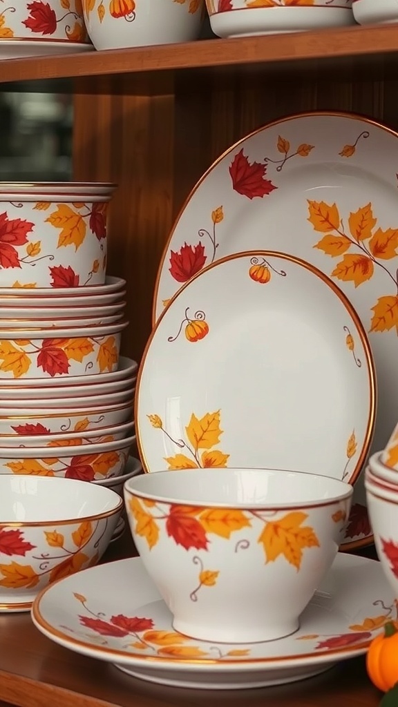 Colorful autumn-themed dishware with leaves and pumpkins on a wooden shelf.