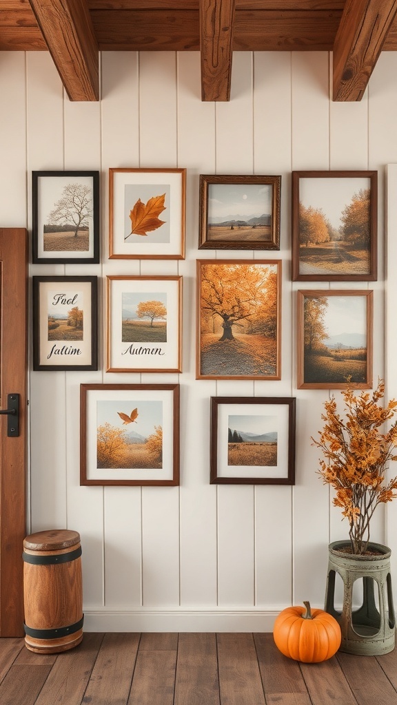 A gallery wall featuring autumn-themed artwork, including trees, leaves, and landscapes, with warm colors and wooden frames.