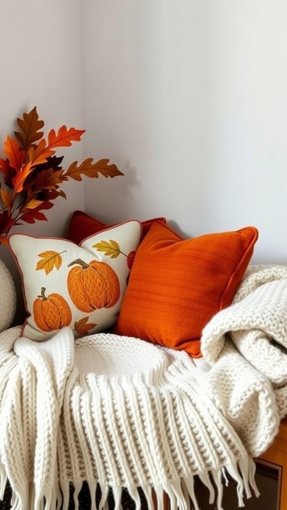Cozy corner with autumn-themed pillows, a white throw, and a small arrangement of autumn leaves.