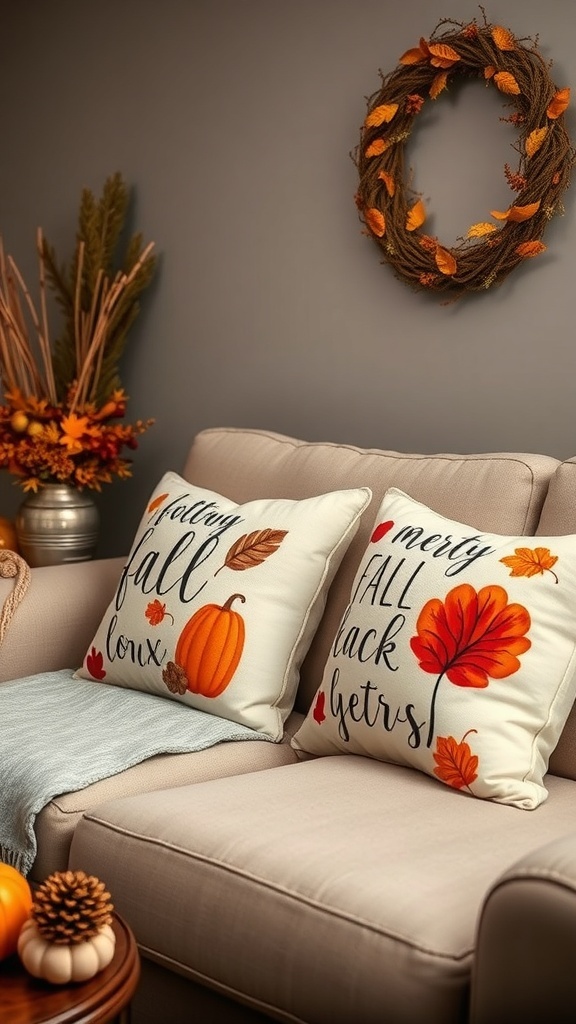 Cozy couch with autumn-themed pillows featuring a pumpkin and a leaf design.