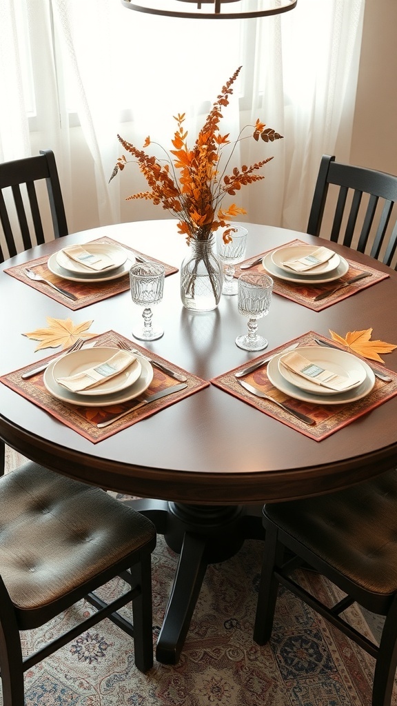 A round dining table set for autumn with table mats featuring leaves, elegant plates, and a floral centerpiece.